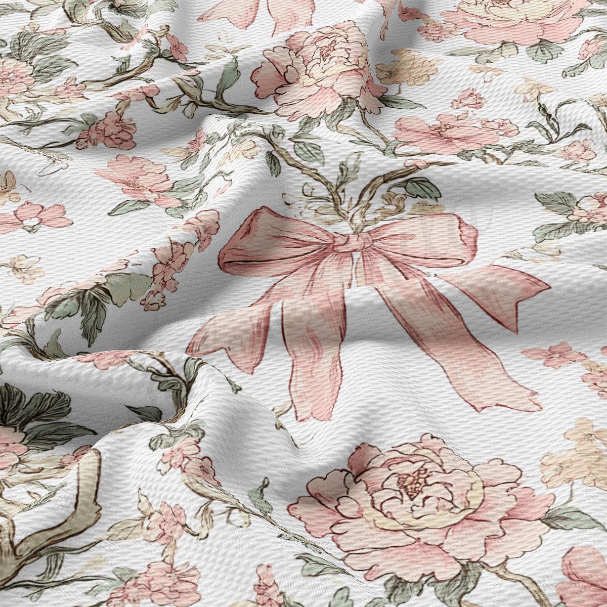 a close-up view of a fabric with a floral pattern, including pink flowers and a large pink bow.