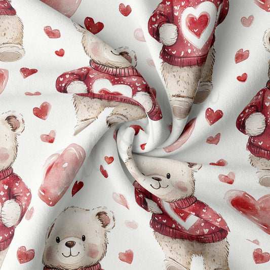 a close-up view of a fabric with a repeating pattern of teddy bears wearing red sweaters and holding hearts.
