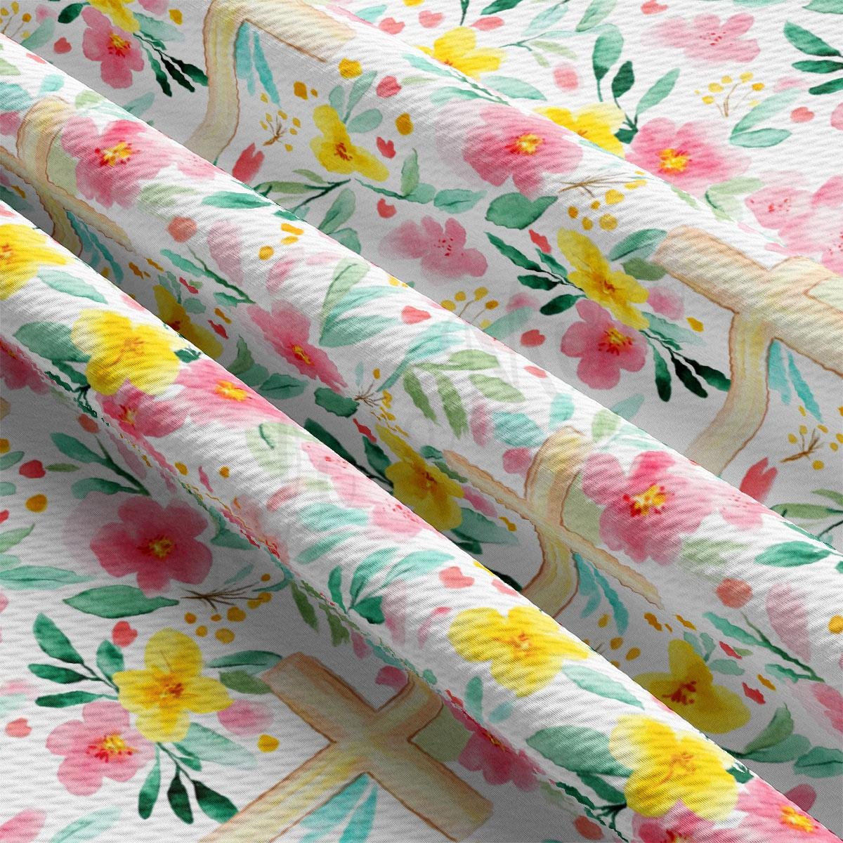 a close up of a flowered curtain with a white background