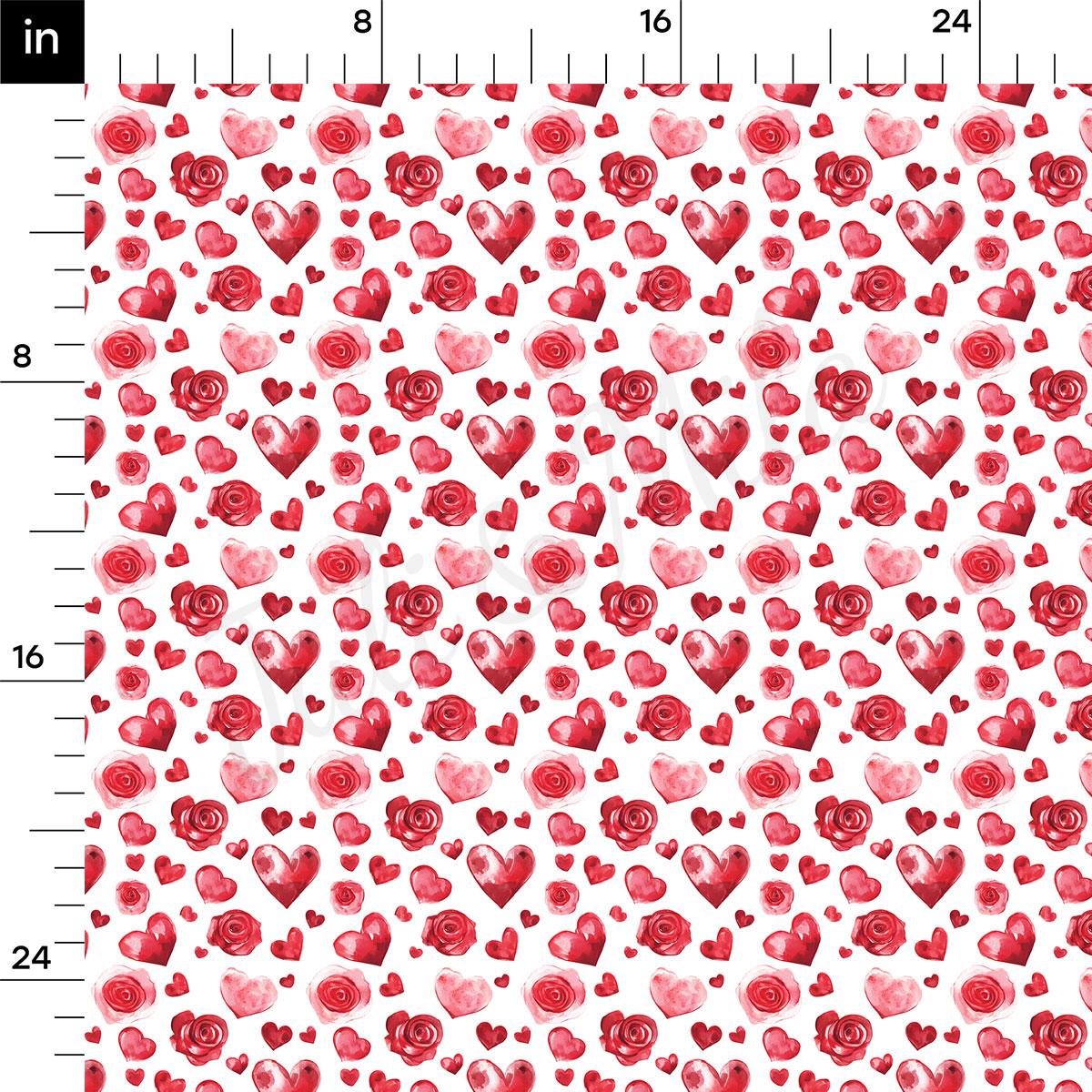 a repeating pattern of red hearts and roses on a white background.