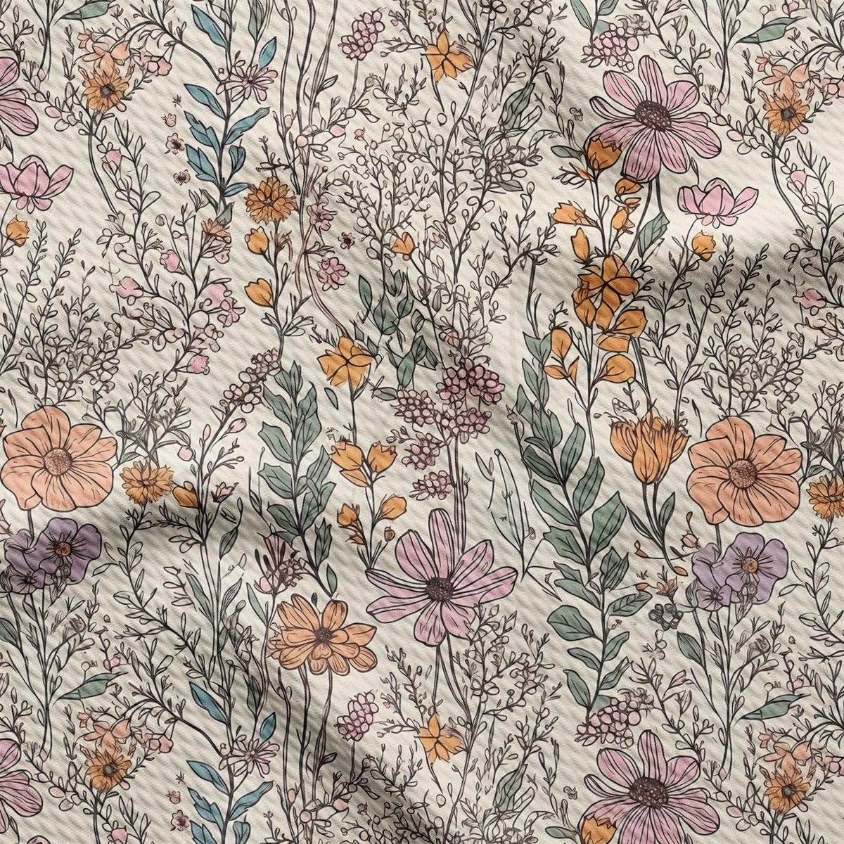 a repeating floral pattern with various types of flowers and leaves in shades of pink, orange, and green.