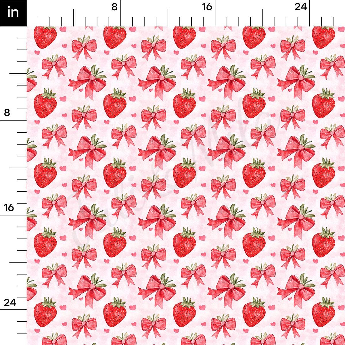 a repeating pattern of red strawberries with bows and hearts on a pink background.