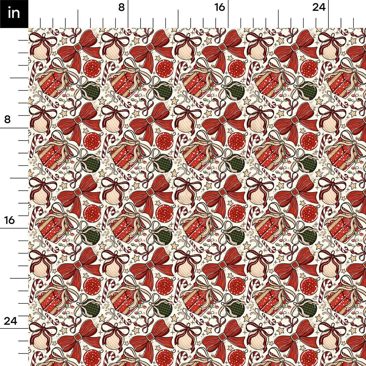 The image is a repeating pattern of various Christmas-themed objects, including bows, ornaments, and candy canes, arranged in a grid-like fashion.