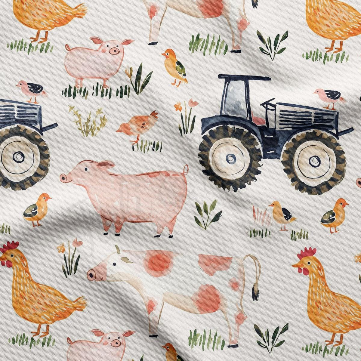 The image is a repeating pattern of various farm animals, including chickens, cows, and pigs, along with farm equipment such as tractors and plows.