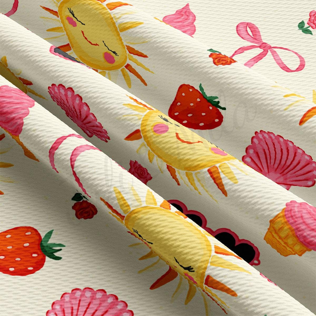 a close up of a pattern of strawberries and seashells