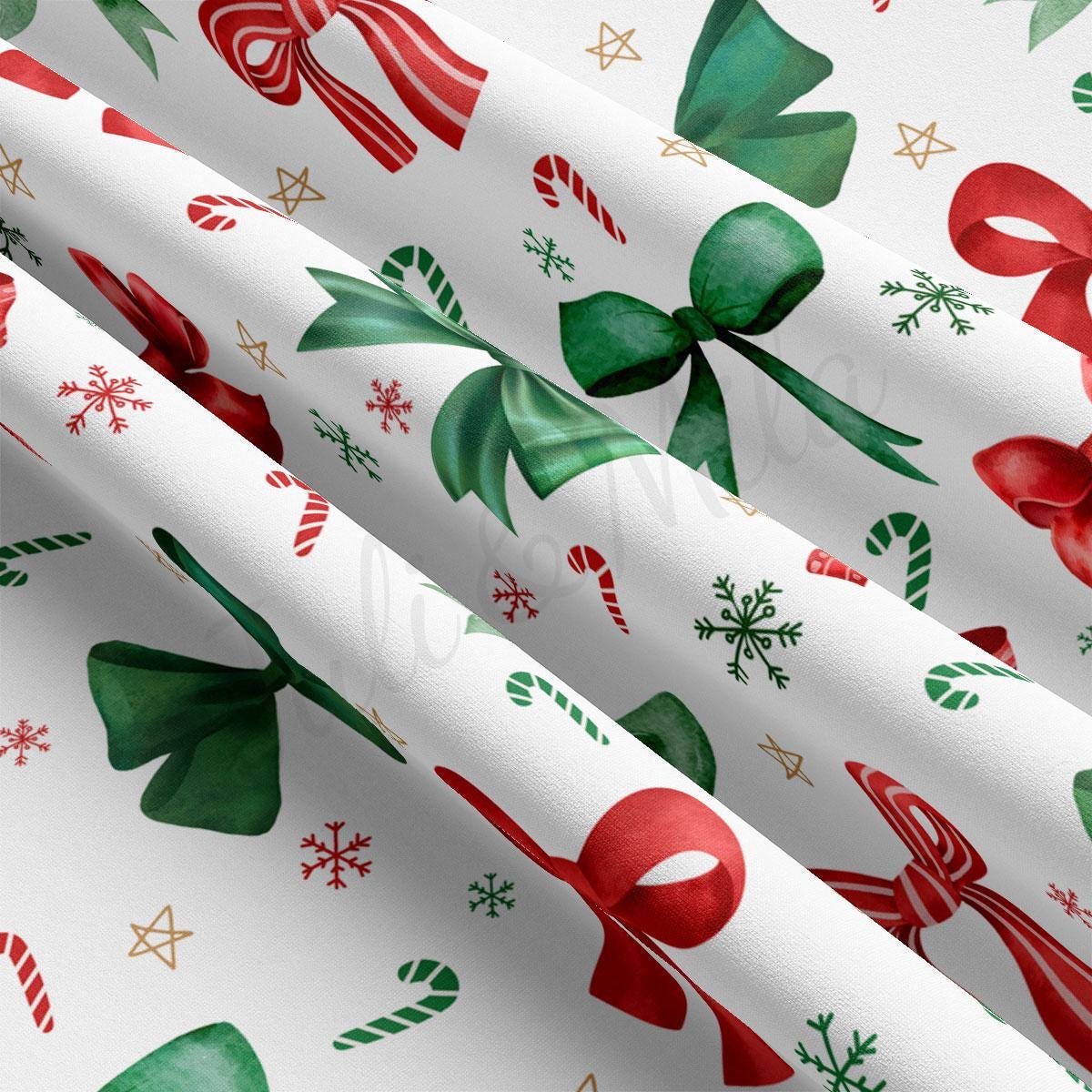 The image is a close-up view of a fabric with a repeating pattern of Christmas-themed elements, including red and green bows, candy canes, snowflakes, and stars.