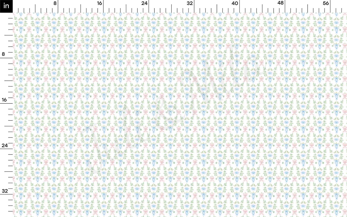 The image is a repeating pattern of a floral design in various shades of green, pink, and blue. The pattern is arranged in a grid-like format, with each row and column filled with the same floral design. The image does not contain any text or other discernible objects or actions.