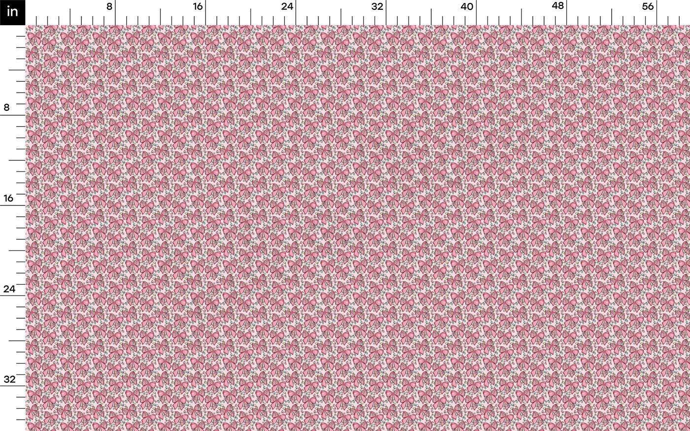 The image is a fabric print with a repeating pattern of pink and white flowers or leaves. The print is large and covers a significant portion of the image.