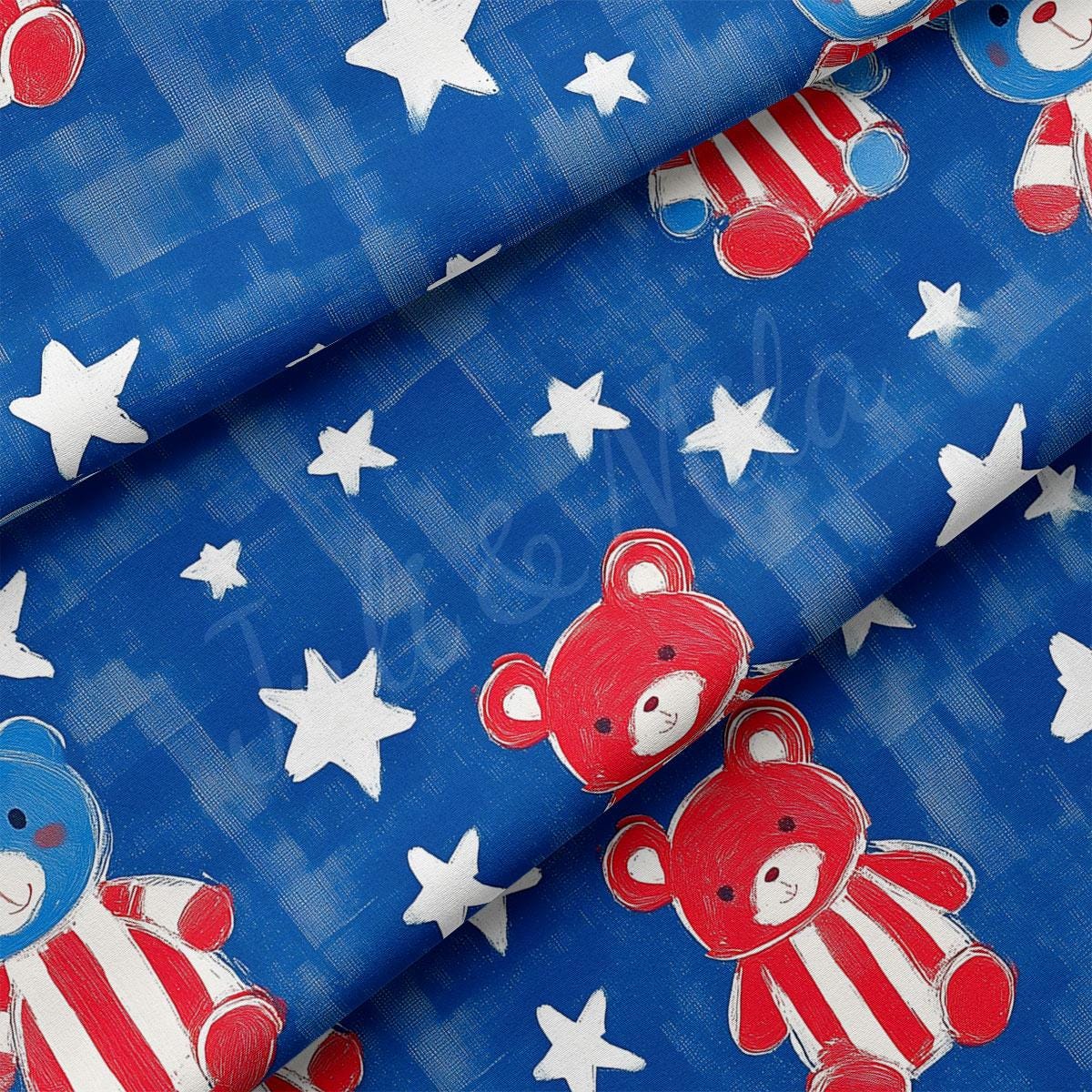 a blue background with white stars and a red teddy bear