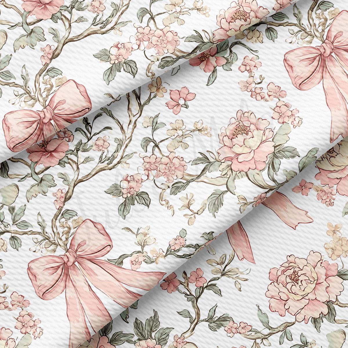 a repeating floral pattern with pink flowers and bows on a white background.