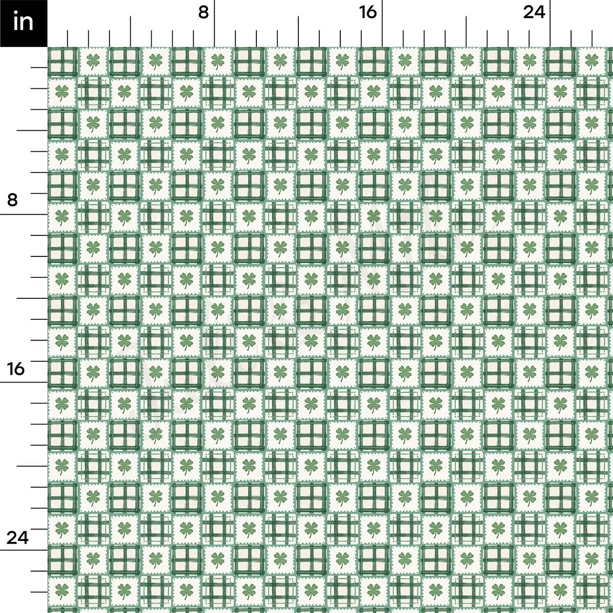 The image is a repeating pattern of green and white squares with a four-leaf clover design. The pattern is arranged in a grid-like fashion, with each square being the same size and shape. The image contains no text or other discernible objects, and the relative positions of the squares remain consistent throughout the pattern.