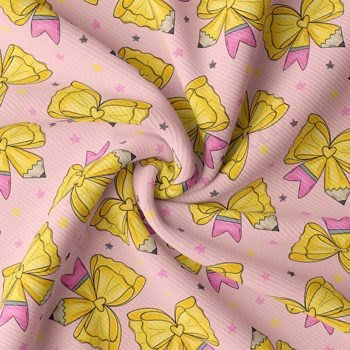 a fabric with a repeating pattern of yellow bows and pink pencils on a pink background.