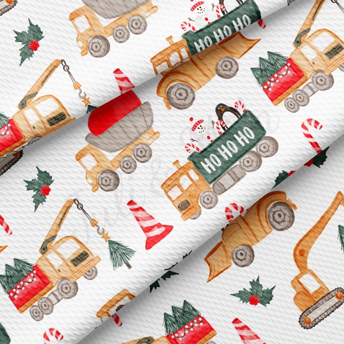 a christmas wrapping paper with construction vehicles and trees on it