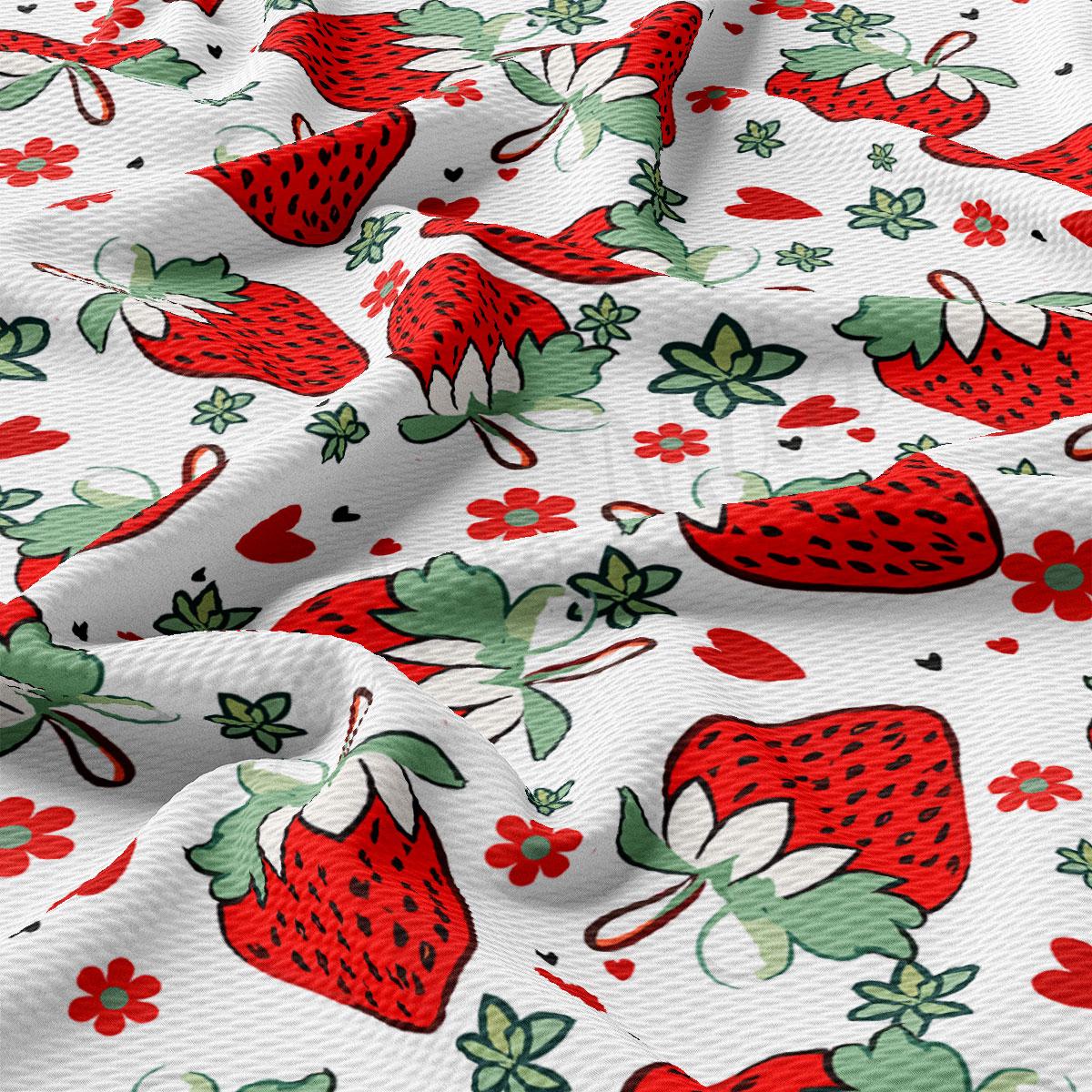 a close-up view of a fabric with a repeating pattern of red strawberries and green leaves. The pattern is vibrant and colorful, with the strawberries being the main focus. The fabric appears to be made of a soft, white material, which contrasts with the bold colors of the strawberries and leaves. The pattern repeats across the fabric, creating a visually appealing and eye-catching design.