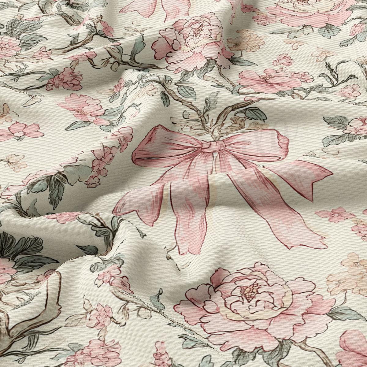 a close-up view of a fabric with a floral pattern, including pink flowers and a large pink bow.
