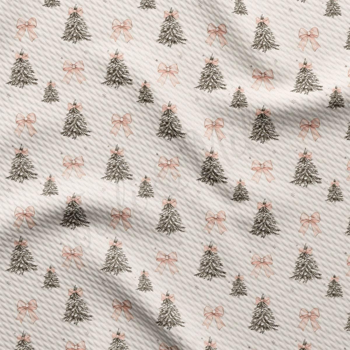 a repeating pattern of Christmas trees with pink bows on a white background.