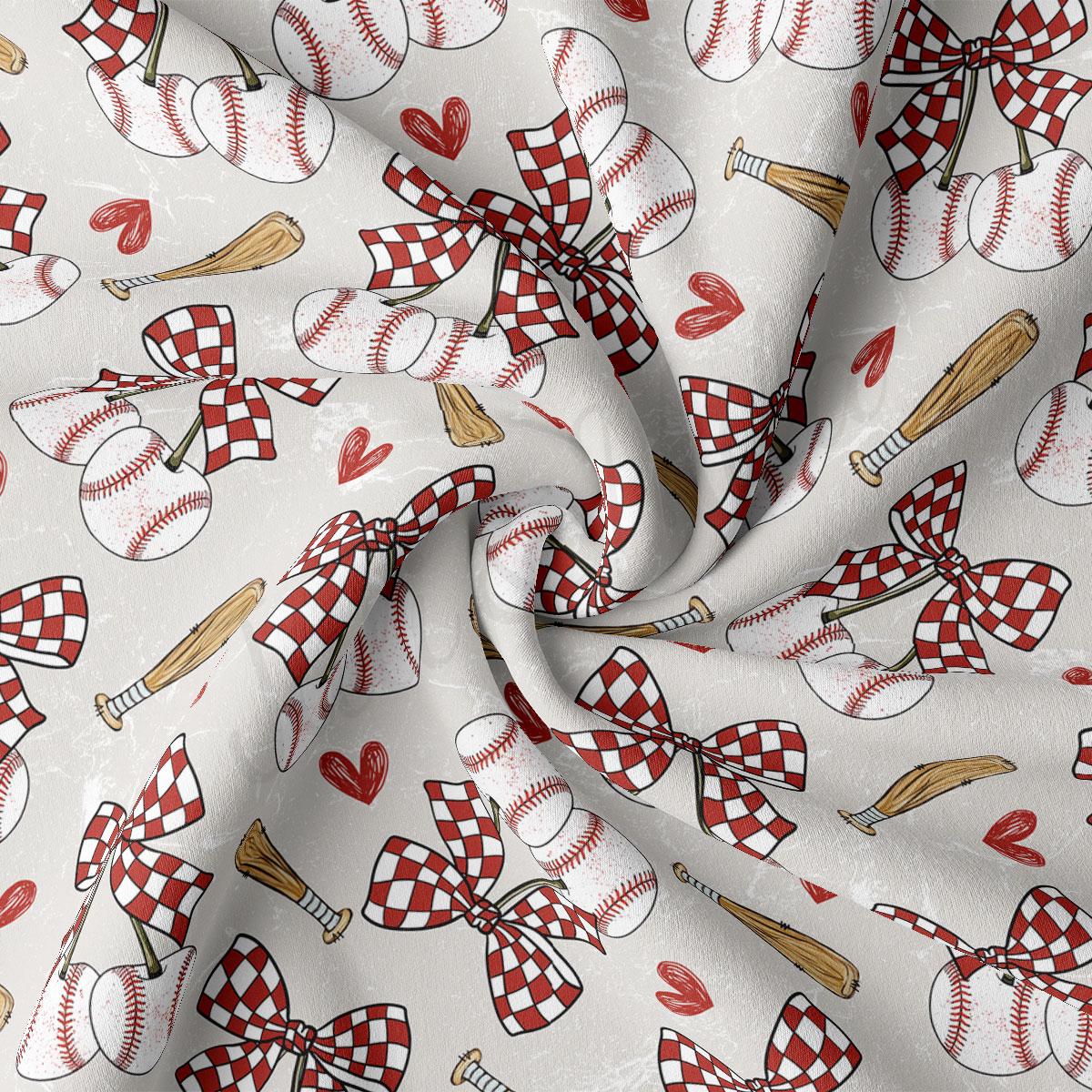 a repeating pattern of baseball-related objects, including baseballs, bats, and a checkered flag, all rendered in a stylized, cartoon-like manner.