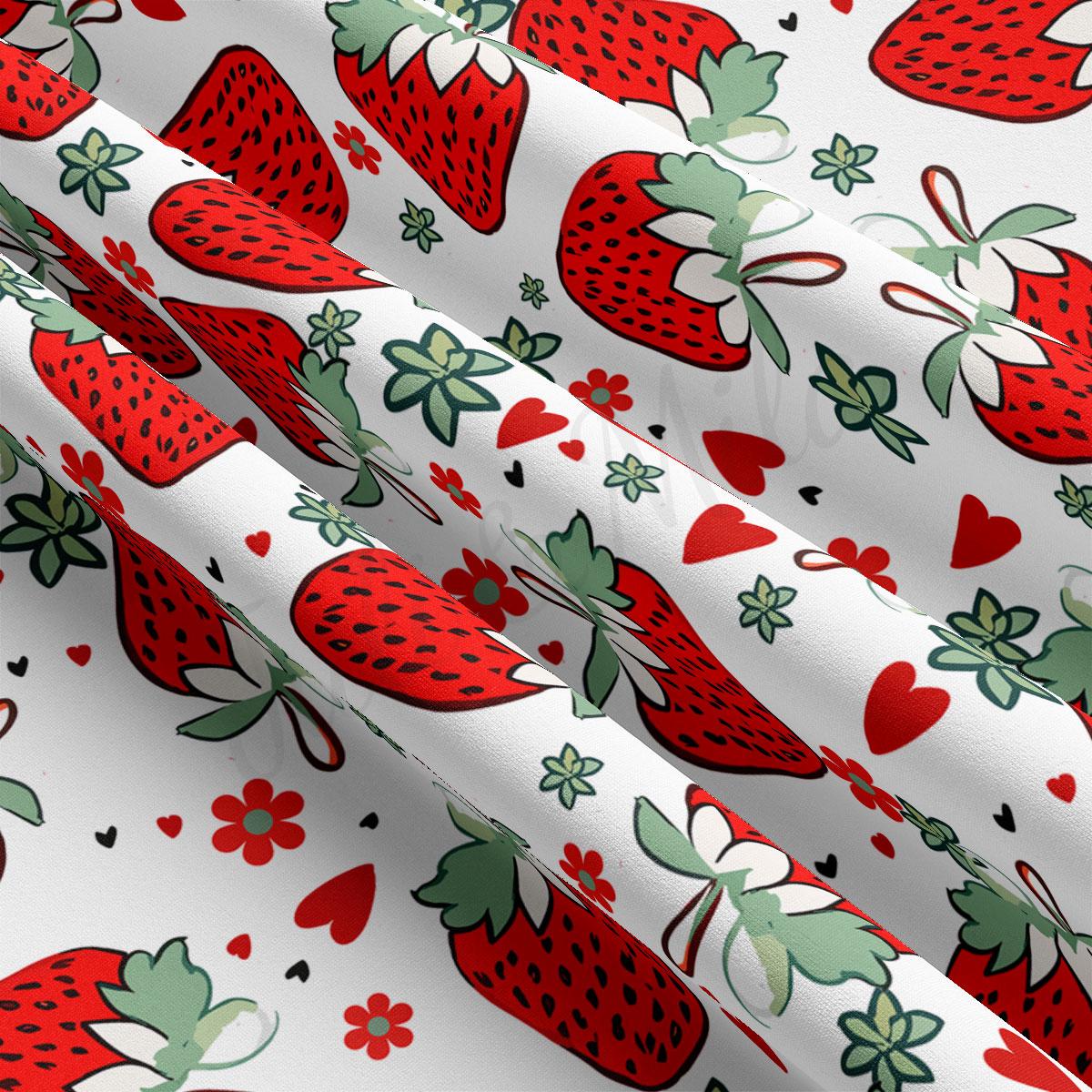 a repeating pattern of red strawberries with green leaves and flowers on a white background.