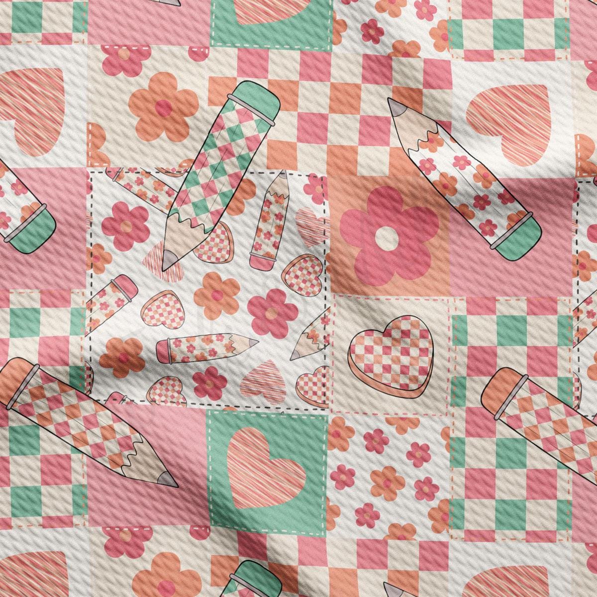 a pattern of hearts, flowers, and a toothbrush on a checkered background