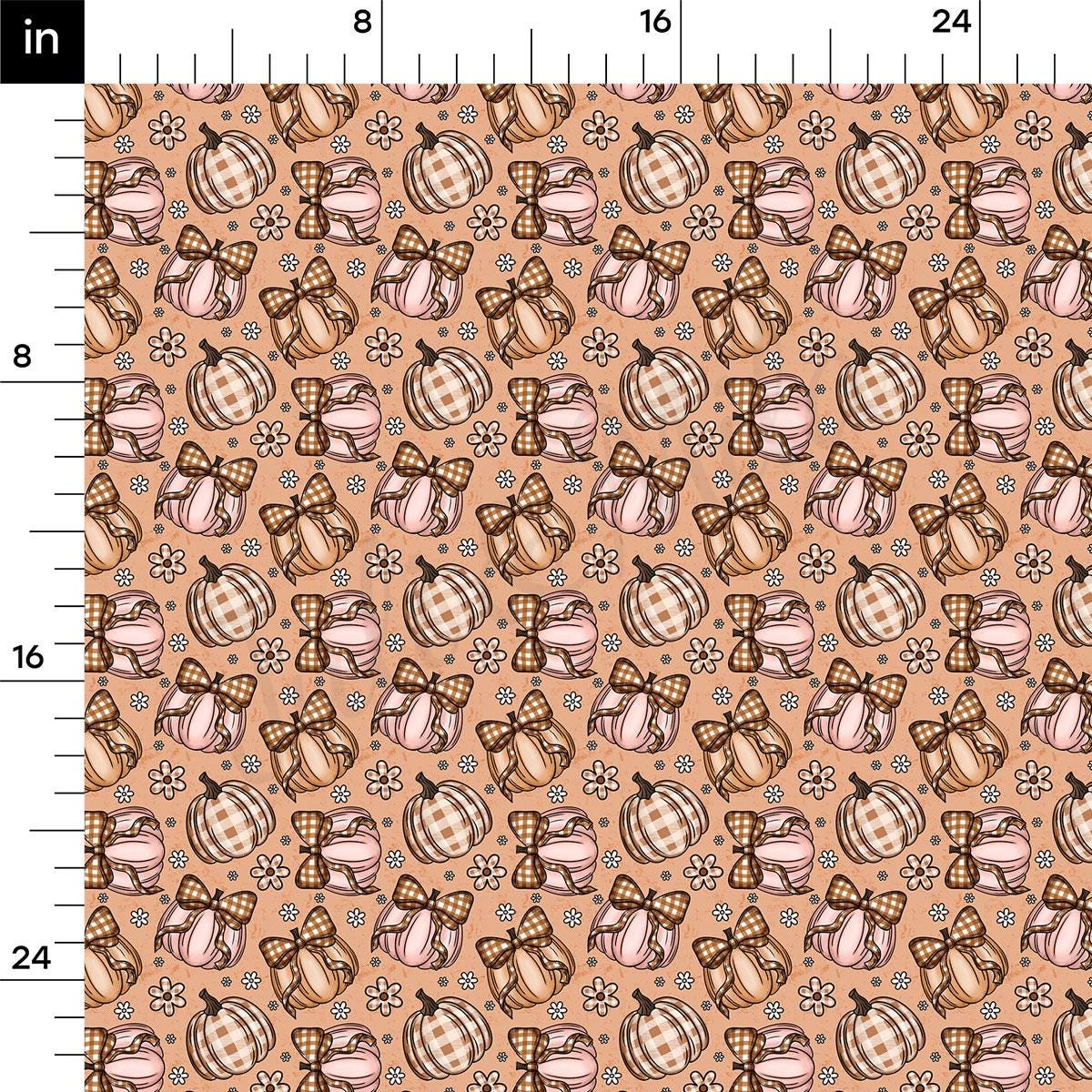 a repeating pattern of brown and white plaid pumpkins with bows, along with small white flowers scattered throughout the pattern.