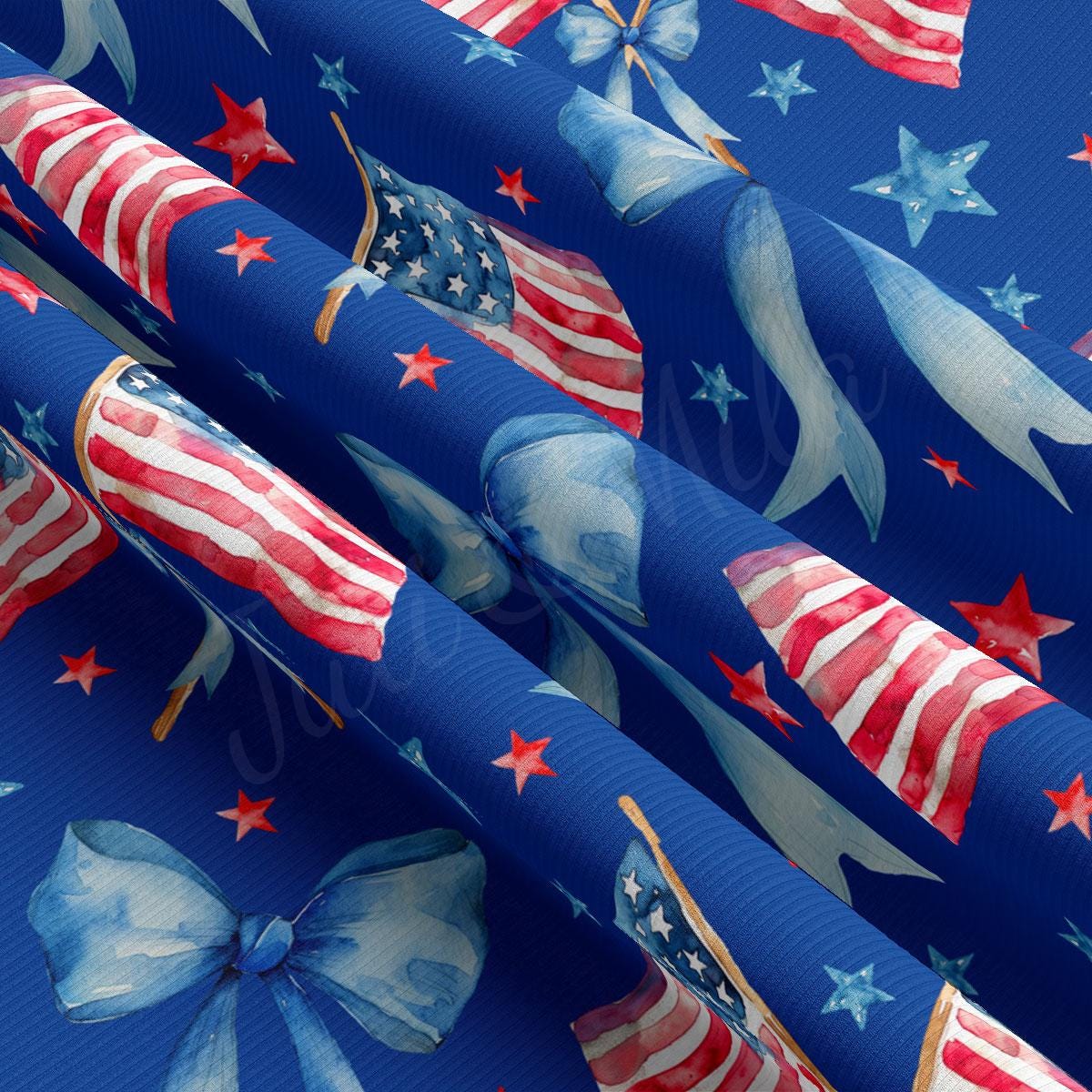 a blue background with american flags and rockets