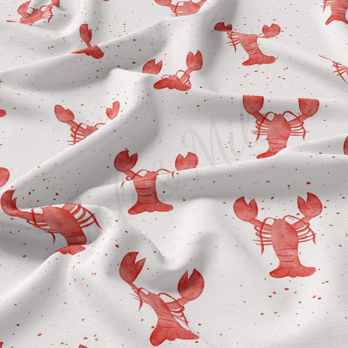 a red and white fabric with lobsters on it
