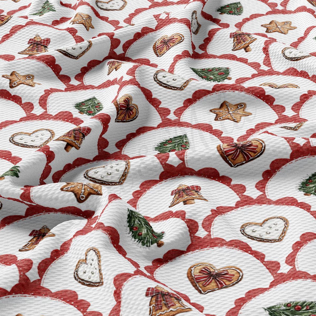 a close-up view of a fabric with a repeating pattern of Christmas-themed cookies and decorations, including gingerbread men, stars, and hearts, all set against a white background with red and green accents.