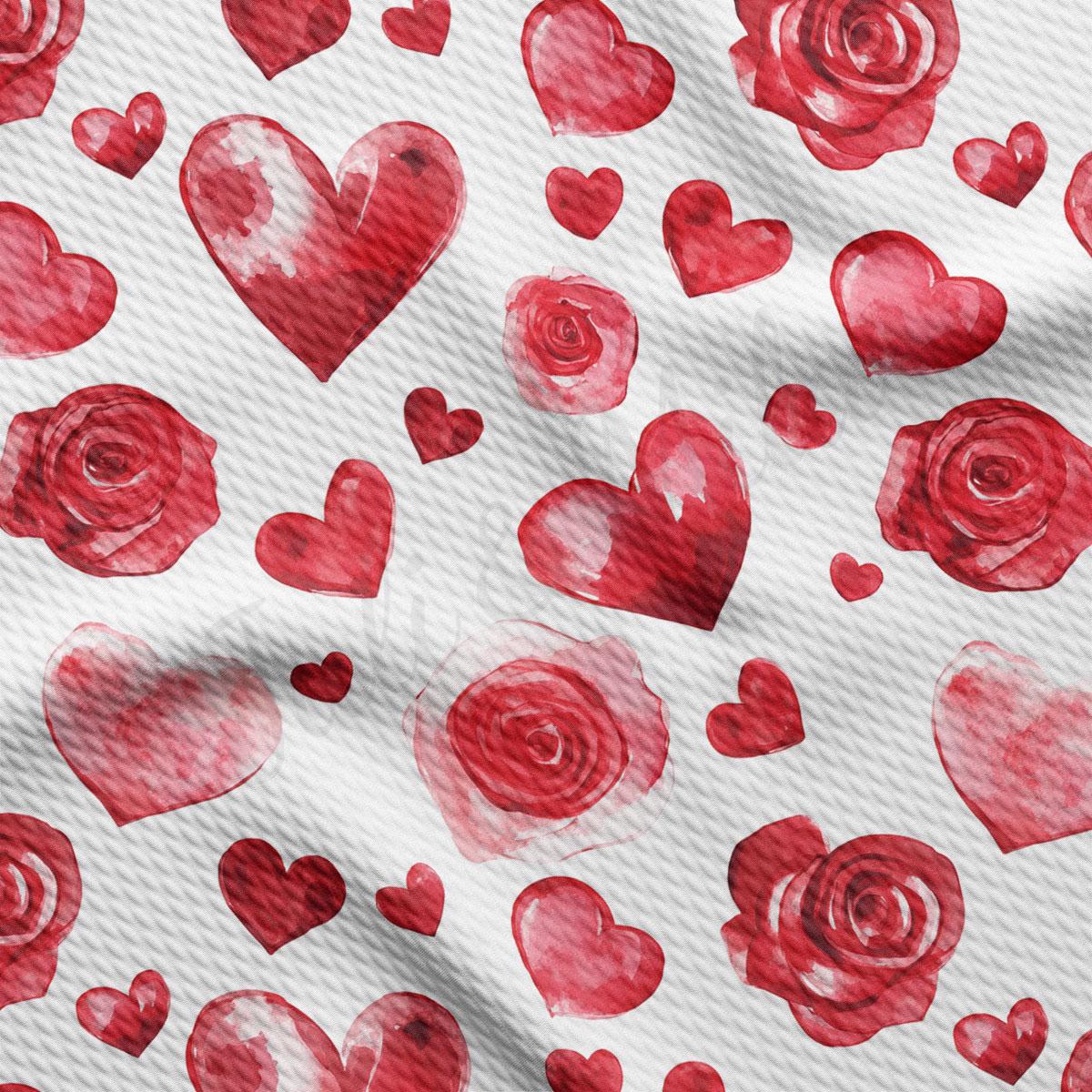 a repeating pattern of red hearts and roses on a white background.