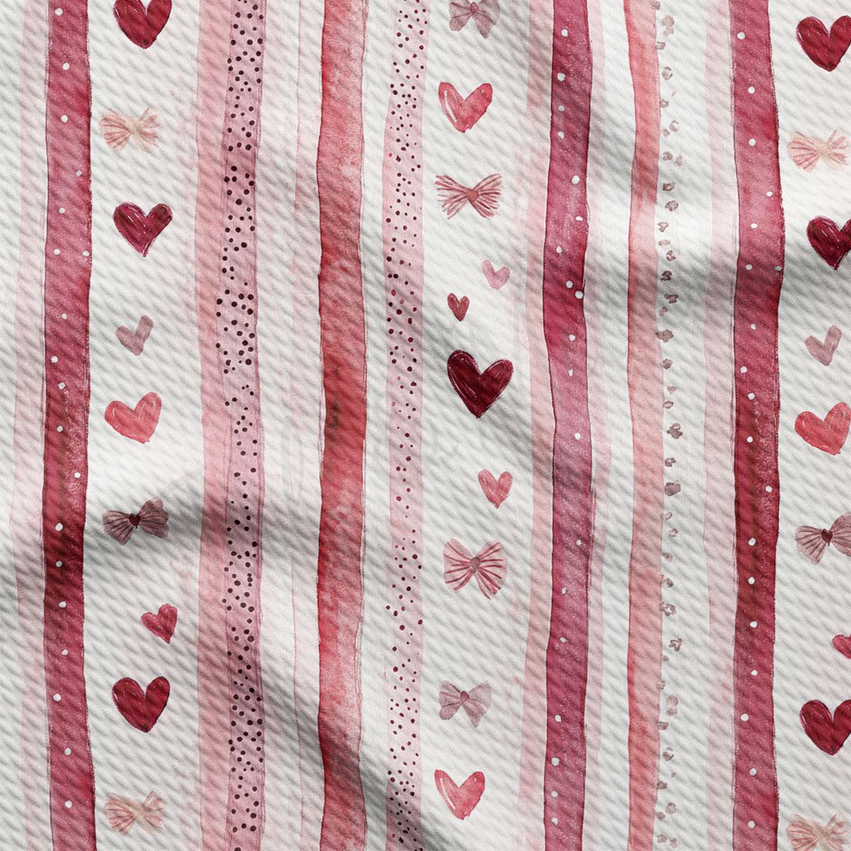 a repeating pattern of pink and white stripes with heart and bow designs.