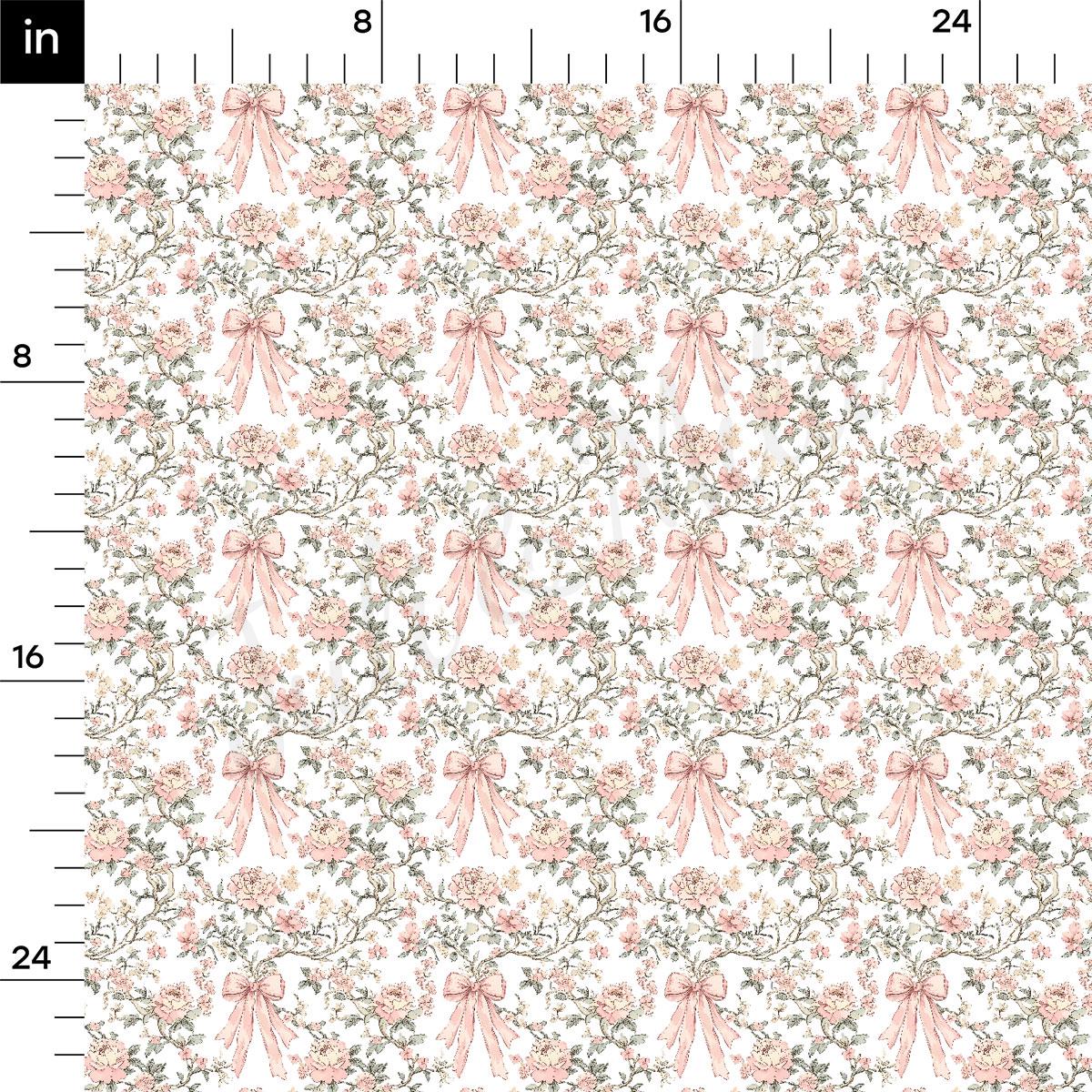 The image is a repeating pattern of pink flowers with bows, creating a floral design.