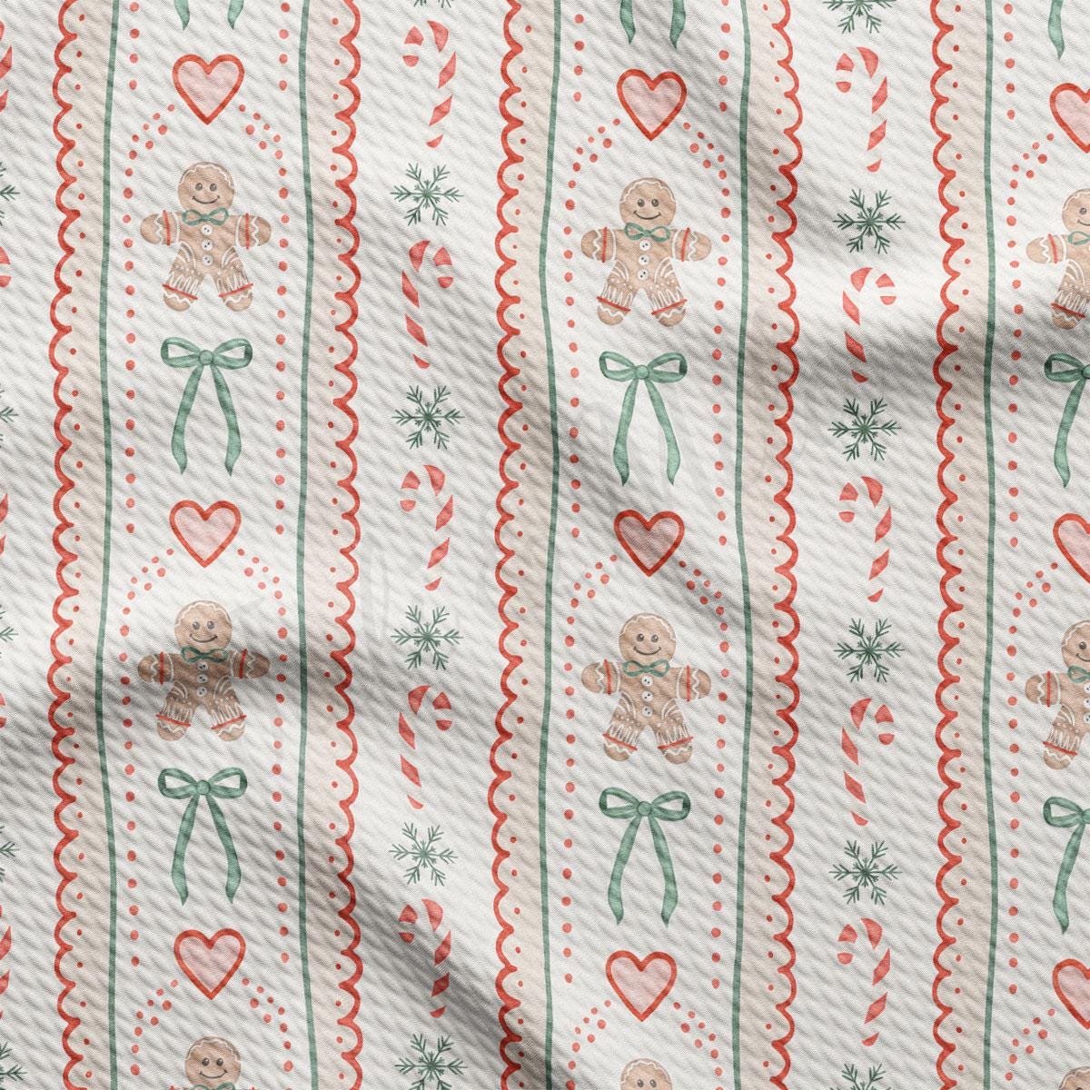 a repeating pattern of gingerbread men, snowflakes, and candy canes on a white background with red and green accents.