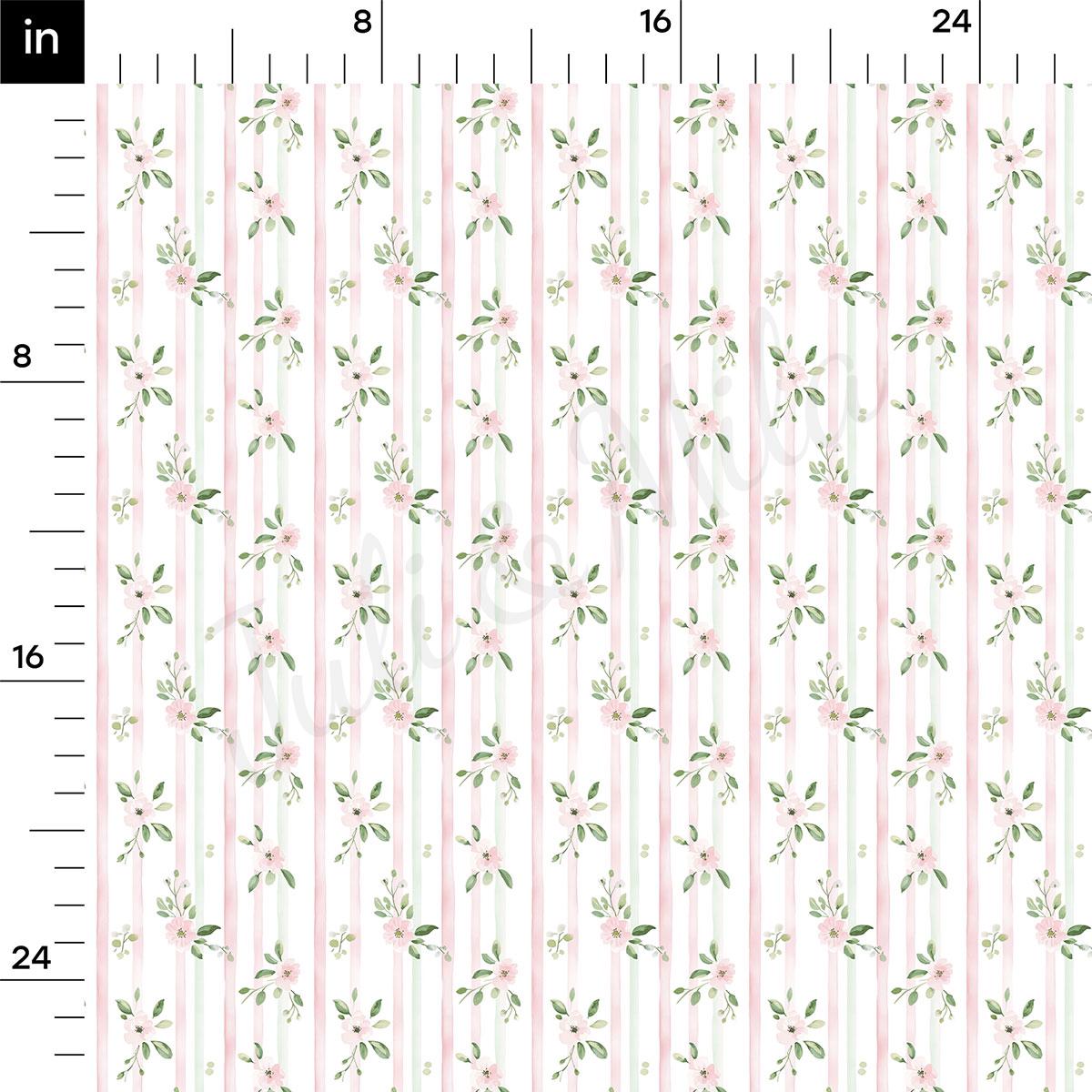 The image is a repeating pattern of pink and green stripes with small white flowers and leaves. The pattern is arranged in a grid-like fashion, with each row and column containing the same number of flowers and leaves. The image is not a single photograph but a collage of multiple images arranged in a grid-like pattern.