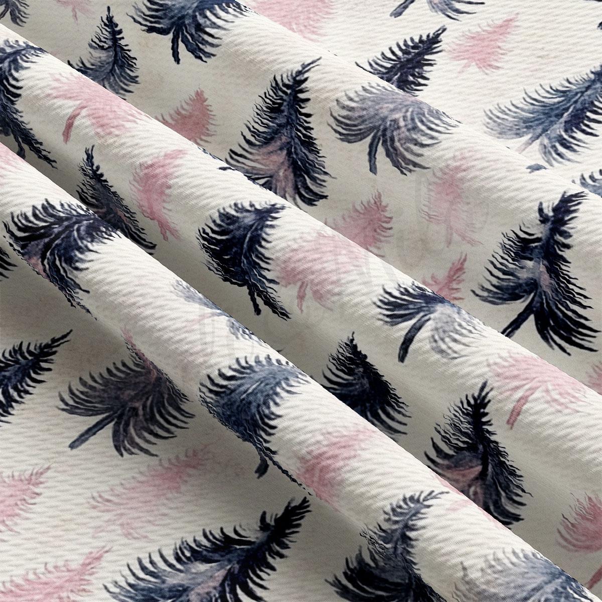 a close-up view of a fabric with a repeating pattern of stylized pine trees in shades of pink and blue.