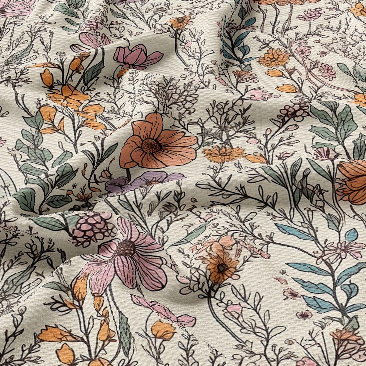 a close-up view of a fabric with a floral pattern. The fabric has a variety of flowers and leaves in different colors, including pink, orange, and green. The pattern is intricate and detailed, showcasing the craftsmanship of the fabric.