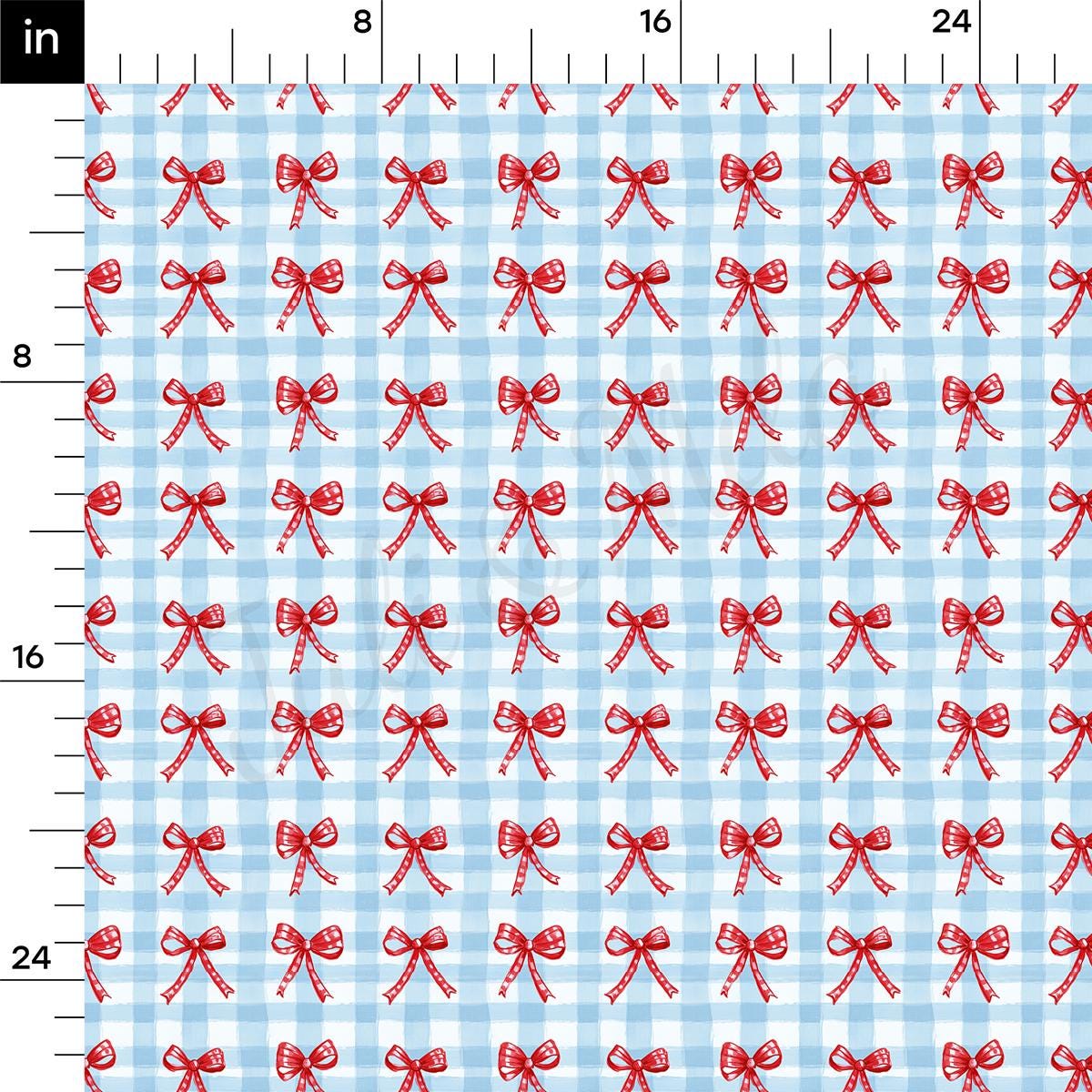 a blue and white checkered pattern with red bows