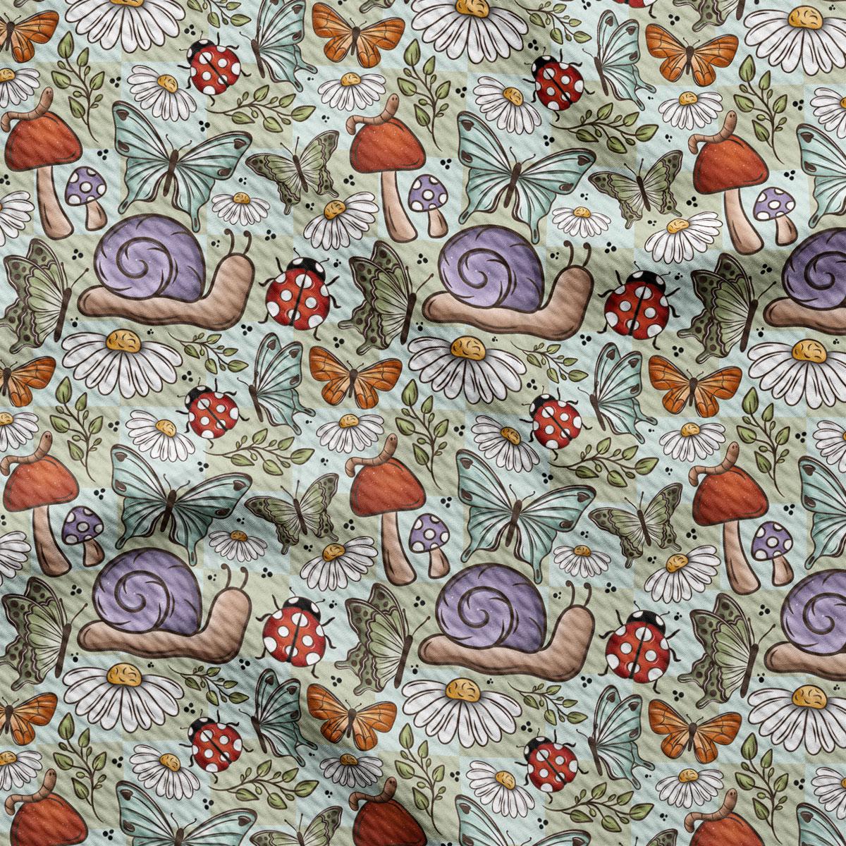 The image is a repeating pattern of various insects and mushrooms, including butterflies, ladybugs, and snails, against a light green background.