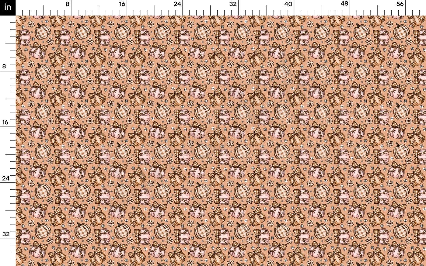 a repeating pattern of brown and orange Christmas ornaments with bows, arranged in a grid-like fashion.