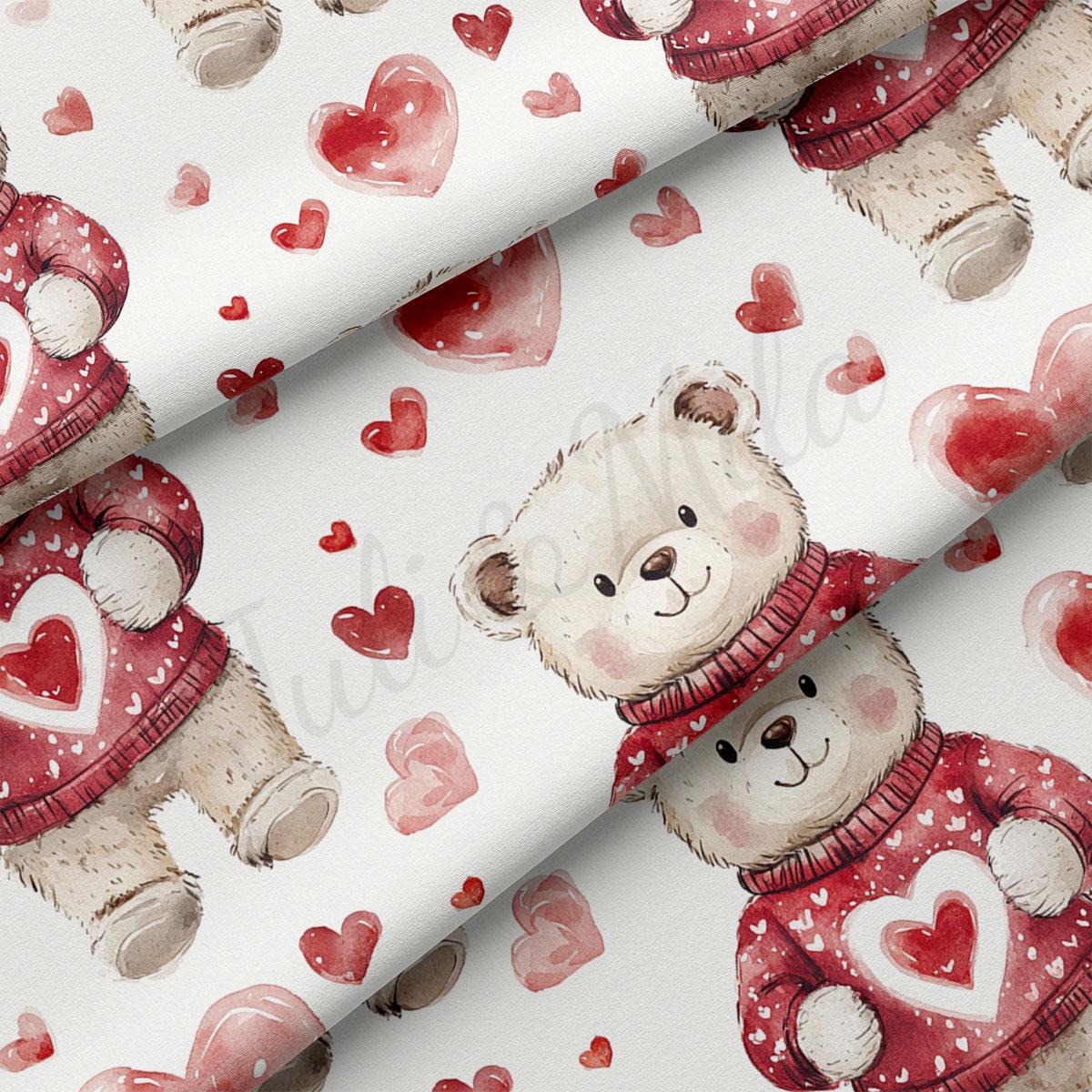 a repeating pattern of teddy bears wearing red sweaters and holding hearts, creating a festive and heartwarming design.
