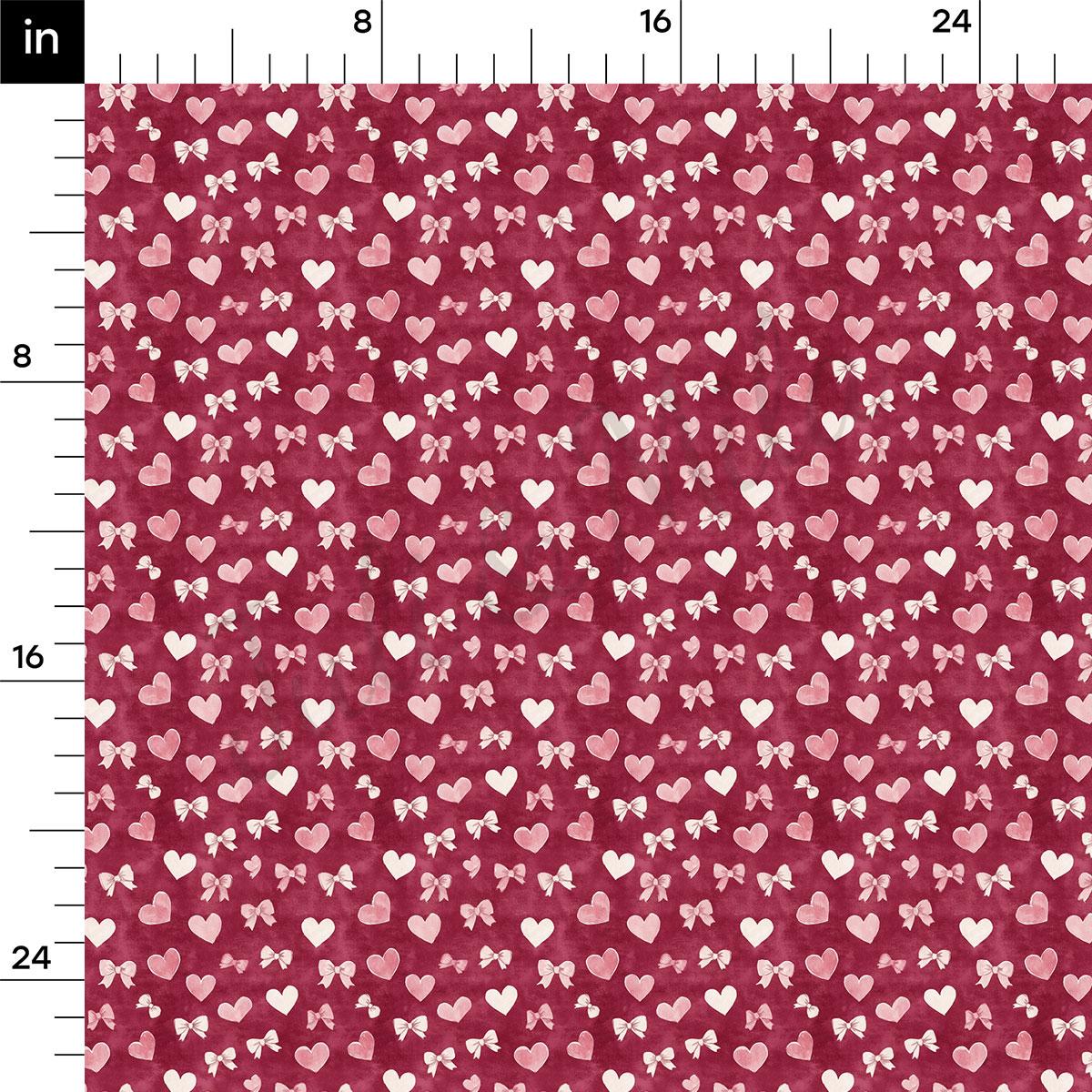 a repeating pattern of red hearts and white bows on a dark red background.