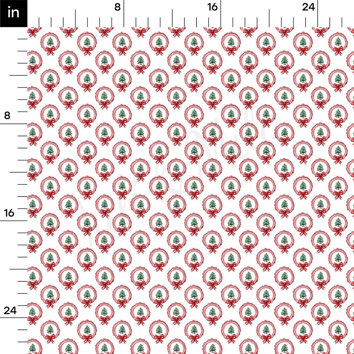 a repeating pattern of Christmas wreaths and trees on a white background.