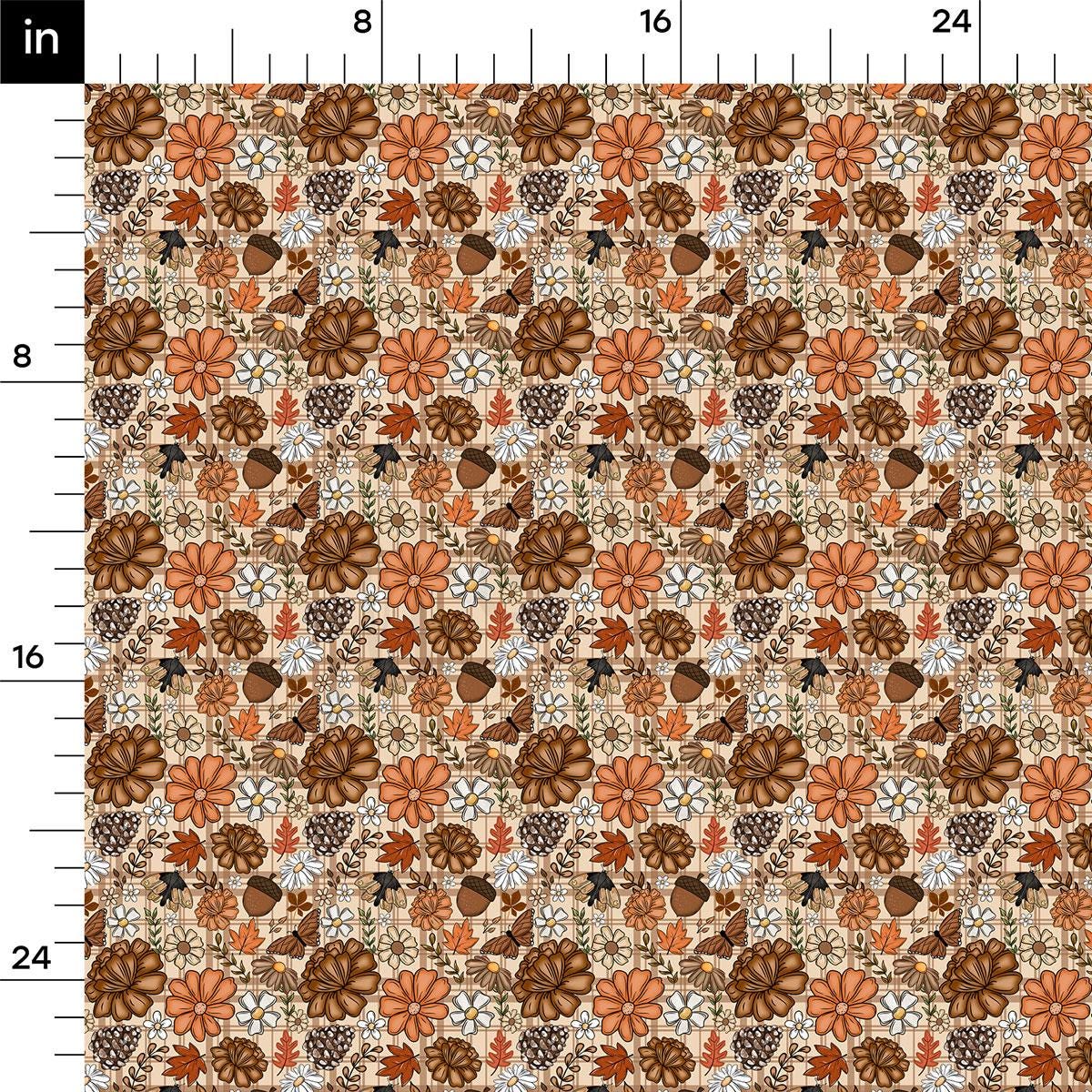 The image is a repeating pattern of various autumn-themed elements, including flowers, leaves, pine cones, and acorns, all rendered in shades of brown and orange.