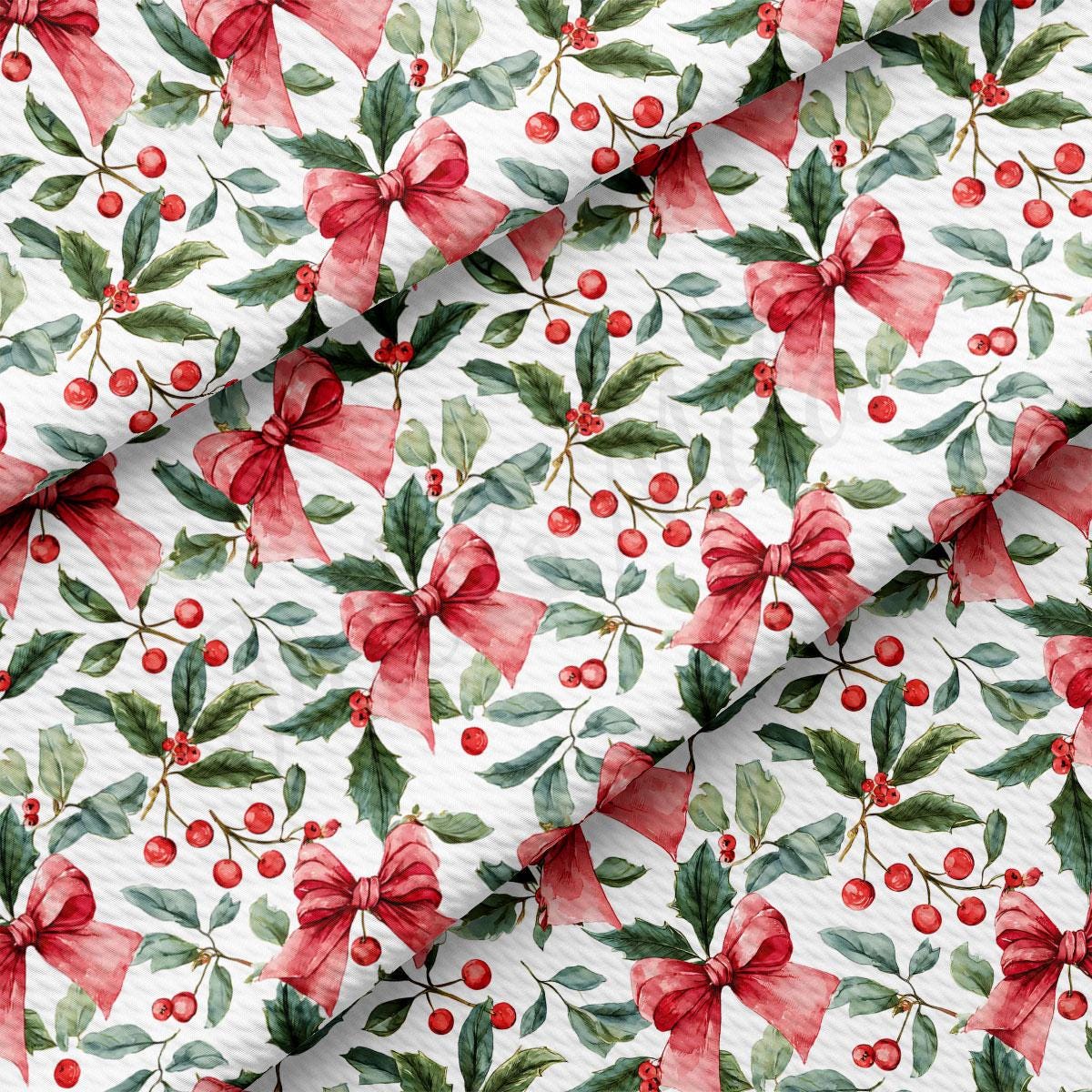 a repeating pattern of red bows, green leaves, and red berries on a white background.