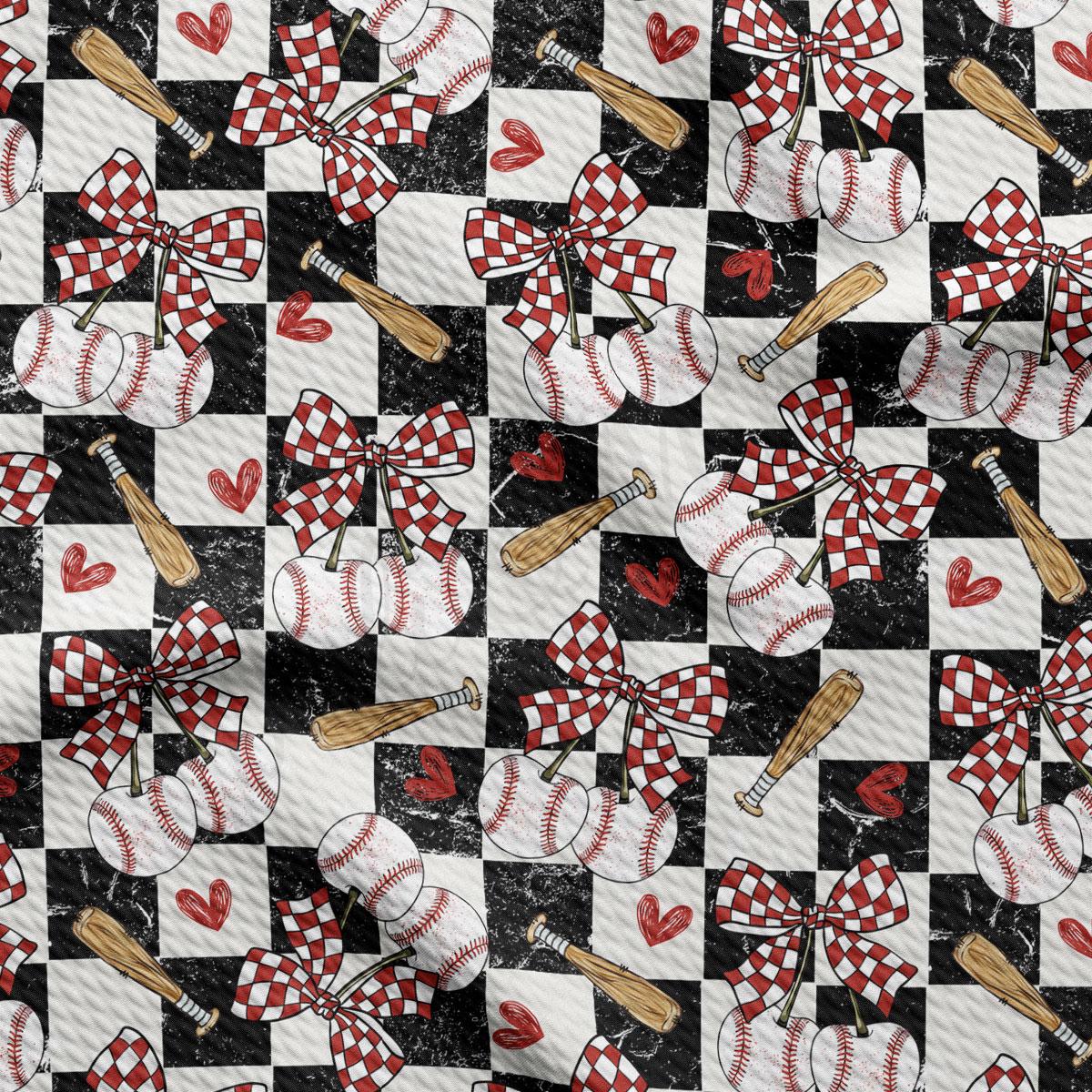 a repeating pattern of baseballs, bats, and hearts on a black and white checkered background.