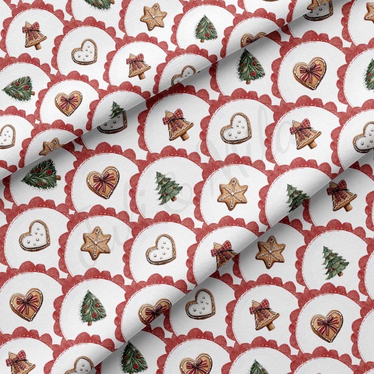 a repeating pattern of Christmas-themed cookies and decorations, including gingerbread cookies, Christmas trees, and stars, all set against a white background with red scalloped edges.