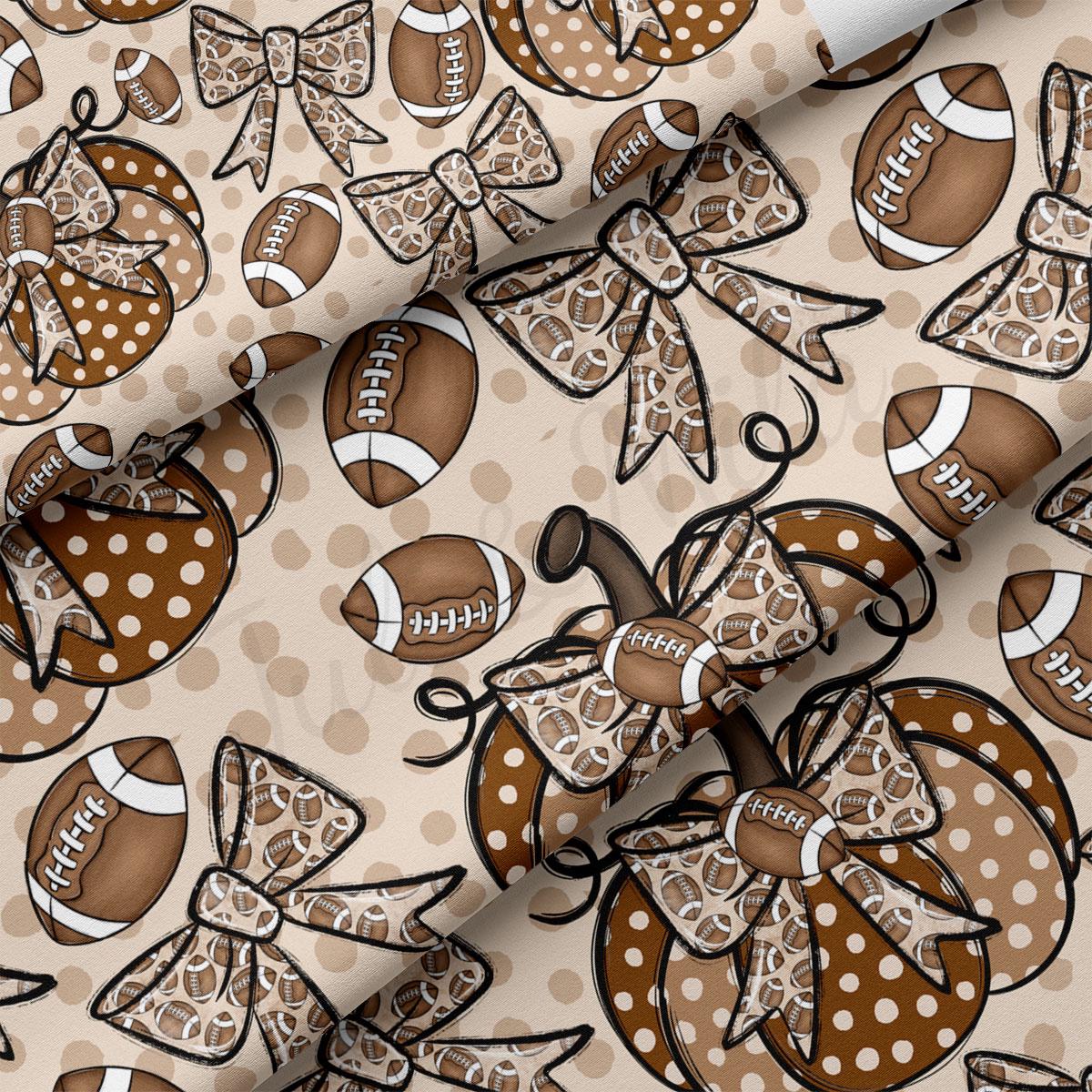 a repeating pattern of footballs, bows, and pumpkins on a beige background with polka dots.
