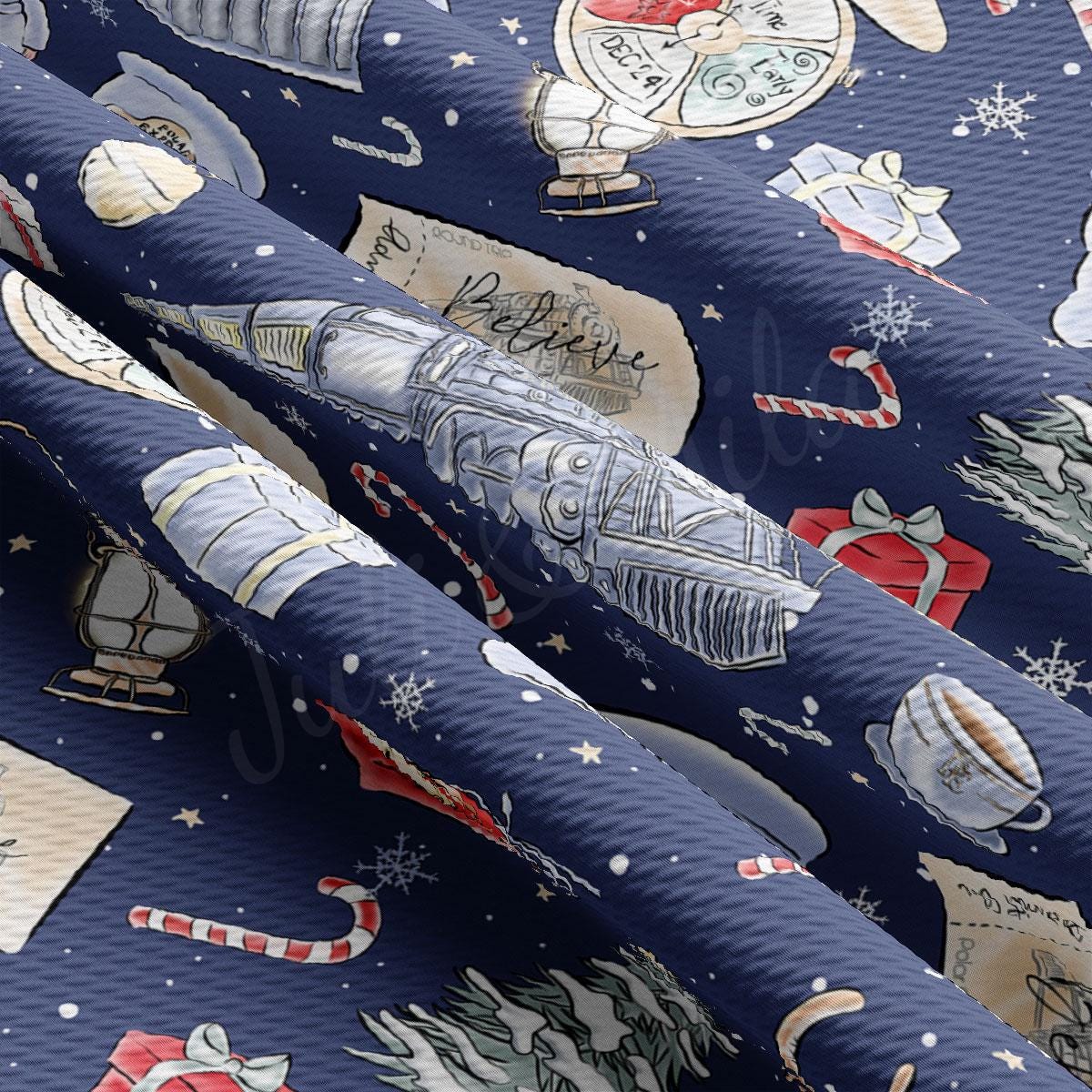 The image is a close-up view of a fabric with a repeating pattern of Christmas-themed illustrations, including a Christmas tree, presents, candy canes, and other festive elements.