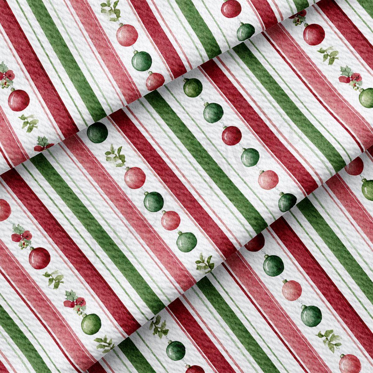 a repeating pattern of red, green, and white stripes with Christmas ornaments and holly leaves.