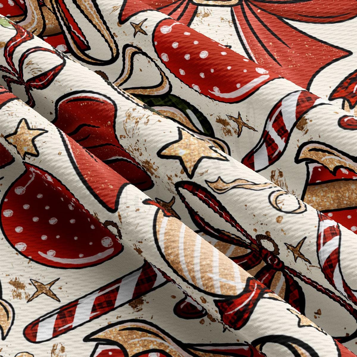 The image is a close-up of a fabric with a festive Christmas-themed pattern. The fabric has a red and white color scheme, with various Christmas-themed elements such as stars, candy canes, and other holiday decorations. The fabric appears to be made of a soft, plush material, suitable for clothing or home decor items.
