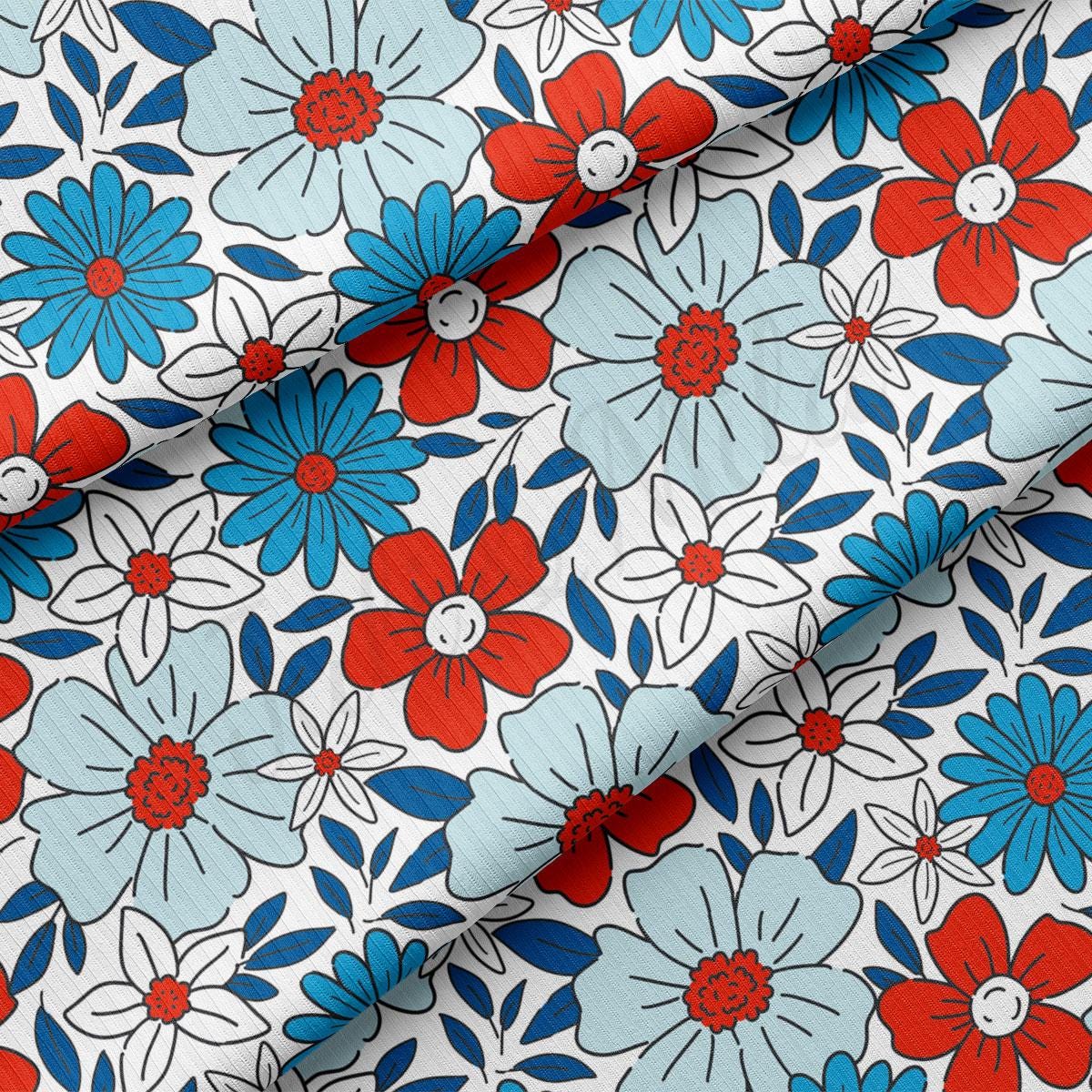 a red, white, and blue flower print fabric