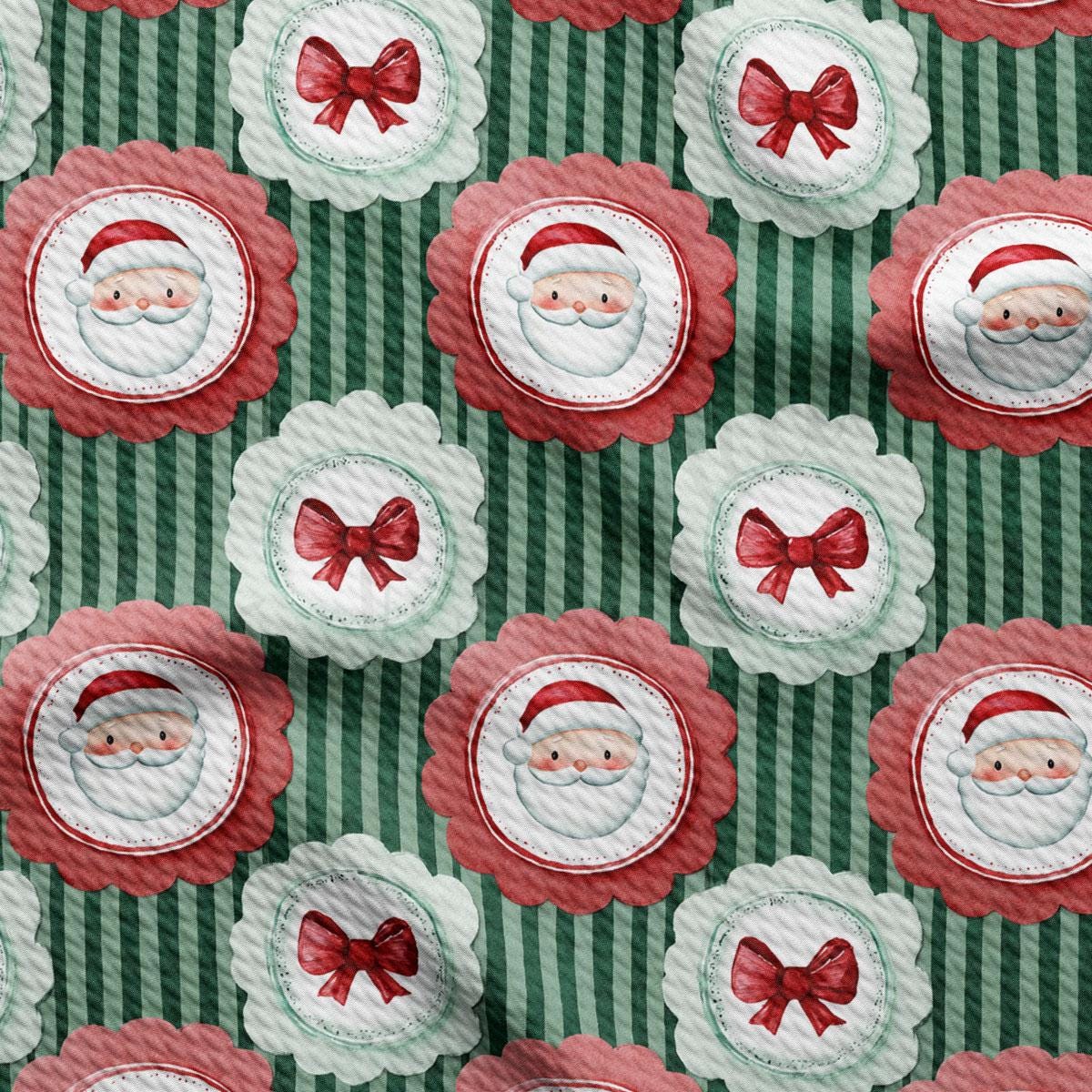 a repeating pattern of Santa Claus faces and red bows on a green and white striped background.